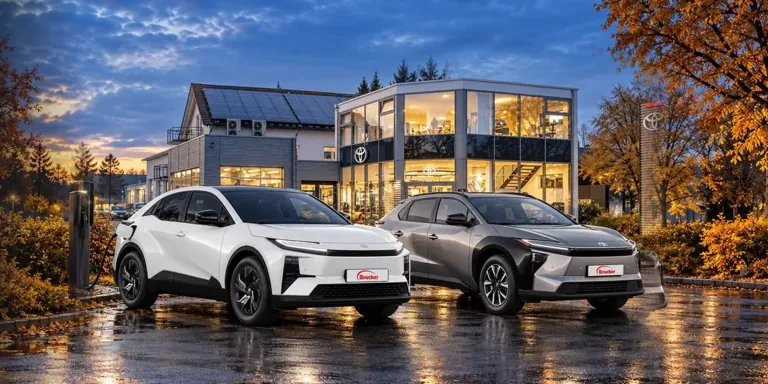 Toyota C-HR+ und Toyota bZ4X vor einem Autohaus