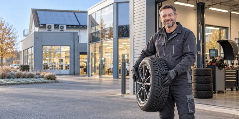 Techniker mit Winterrad vor der Werkstatt von Autohaus Brucker – Symbolbild, KI-generiert